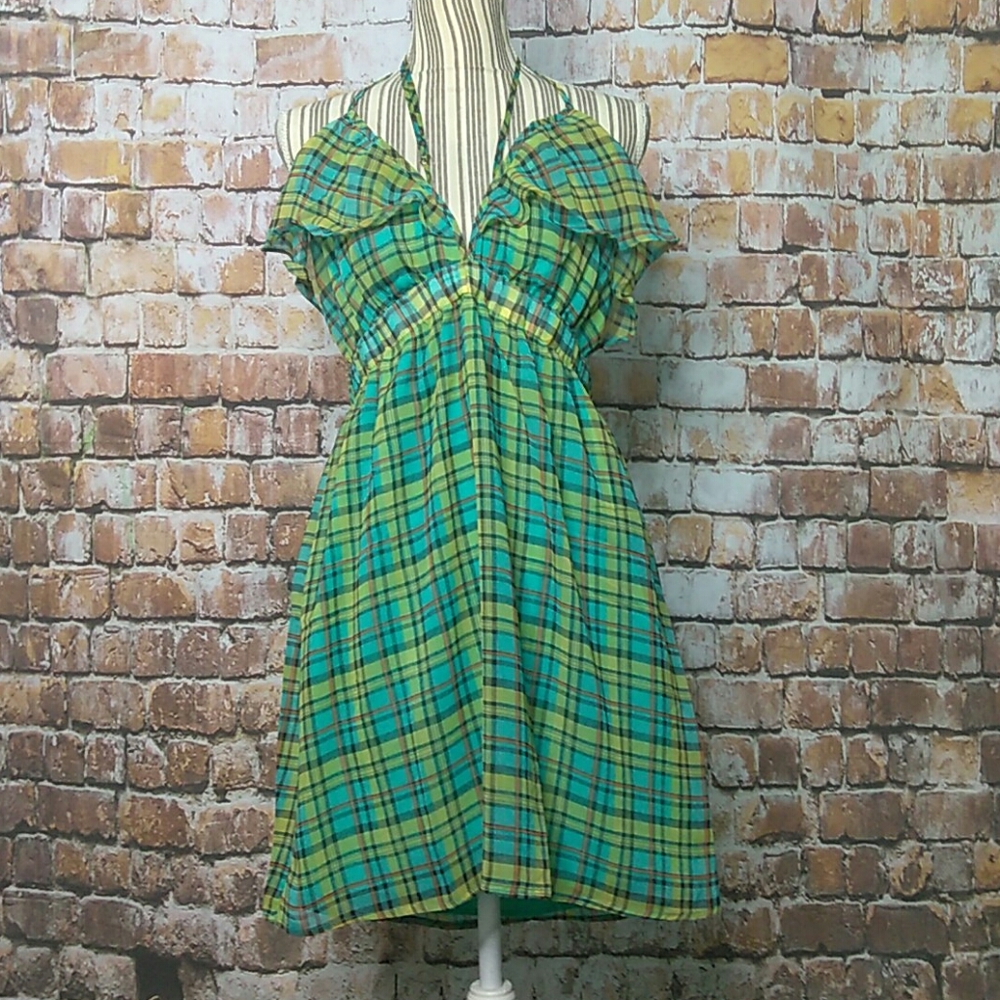 nameless: Green & yellow plaid halter dress NWT Lg